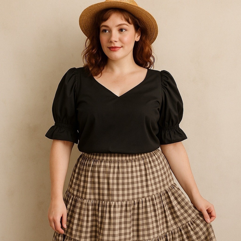 Call It Fancy Black Puff Sleeve Blouse Top‎ Women's 16 V Neck Cottagecore Chic